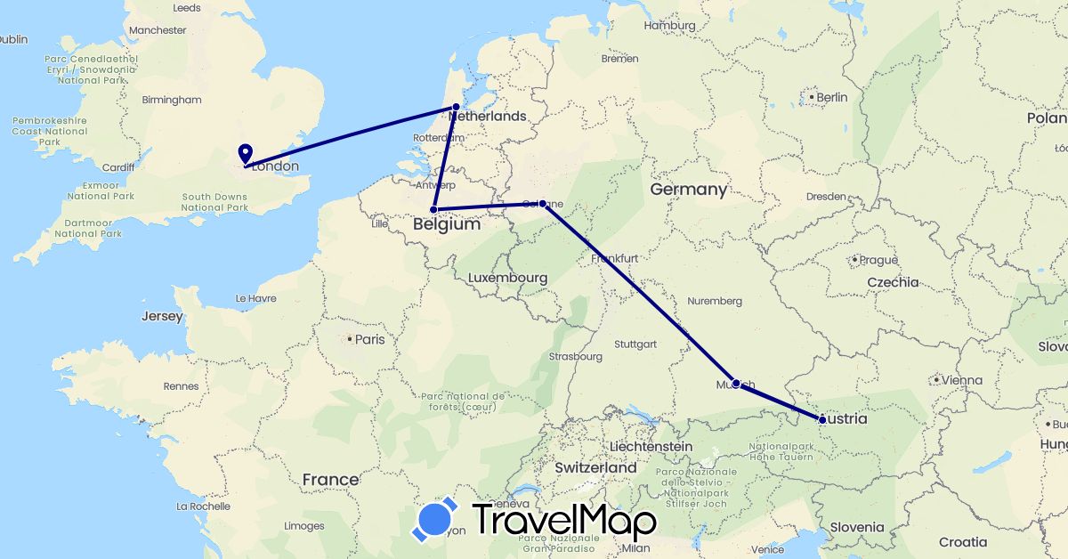 TravelMap itinerary: driving in Austria, Belgium, Germany, United Kingdom, Netherlands (Europe)
